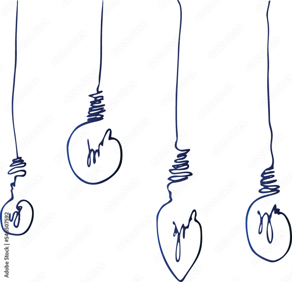 Light bulb hang from ceiling on wire. Electric lighting. Set of glass devices. Modern design. Black and white Hand drawn doodle illustration