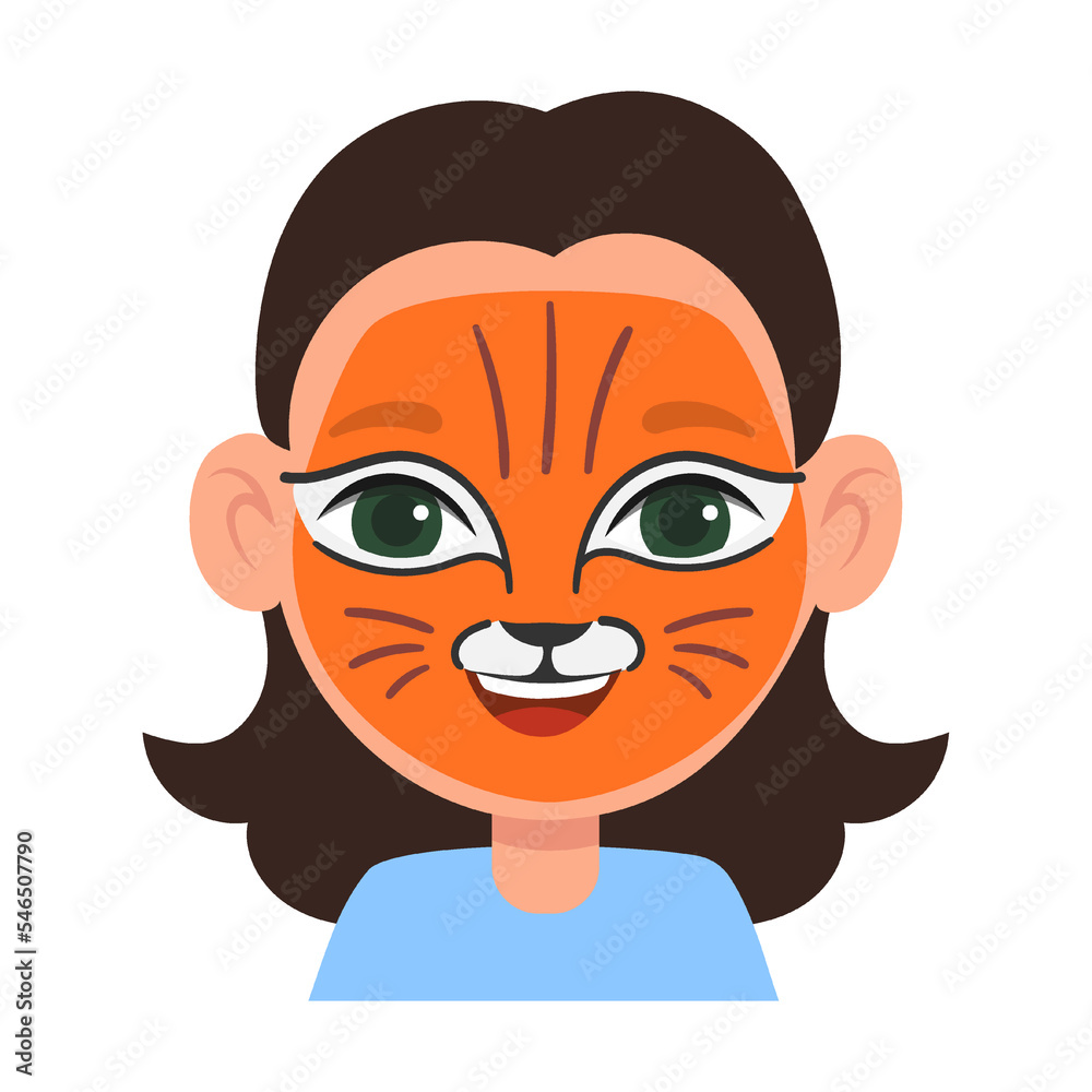 Portrait of kid with face African cheetah mask, makeup vector illustration. Children with creative face painting or mask, animals and heroes isolated on white background Portrait of kid with face African cheetah mask, makeup vector illustration. Children with creative face painting or mask, animals and heroes isolated on white background
