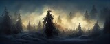 Dreamy mysterious fantasy winter landscape illustration. Snowy misty woodland landscape. Digital winter landscape backdrop.