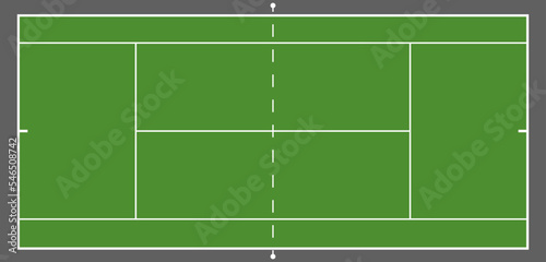 Tennis court with grid and shadow top view. Grass cover field. Vector illustration. Textured realistic tennis court illustration. The exact proportions