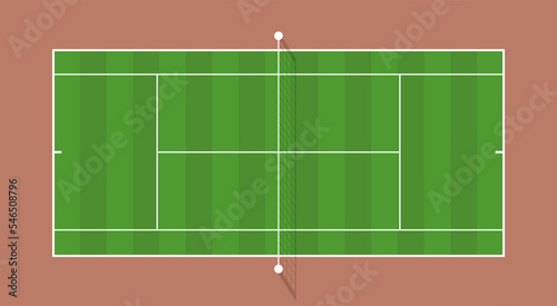 Tennis court with grid and shadow top view. Grass cover field. Vector illustration. Textured realistic tennis court illustration. The exact proportions