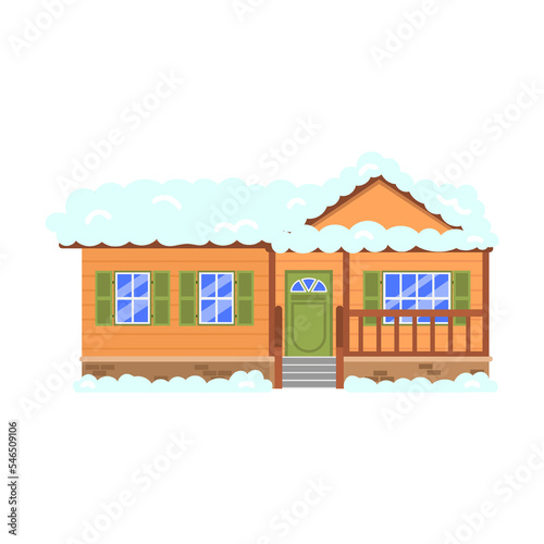Facade of small one story house in winter vector illustration. Village or town cottage or cabin covered with snow, building with chimney isolated on white background