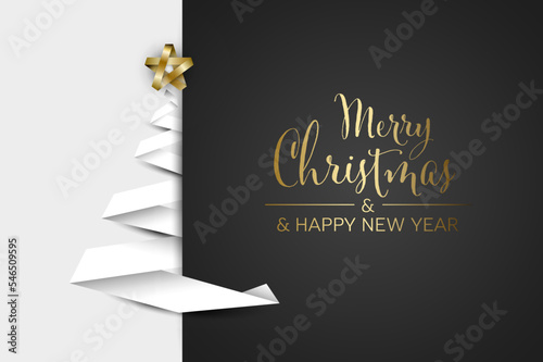 Simple vector Christmas card with white christmas tree made from paper stripe on gray  background