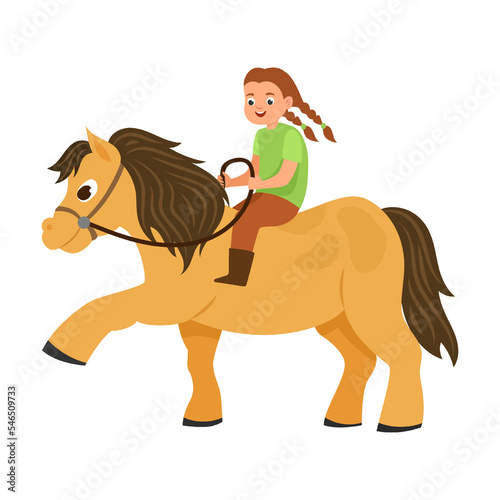 Girl teaching a horse. Kid riding horse. Vector illustration of little rider training, feeding or grooming cute brown pony. Cartoon young equestrian