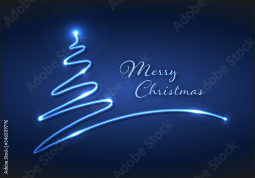 Christmas card with blue neon christmas tree