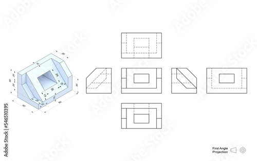 Technical drawing of a 3D model with a perspective and orthogonal views. First angle projection method. Part of a series.