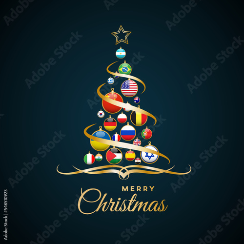 Christmas tree with national flags, world peace without wars. Vector illustration, greeting card.
