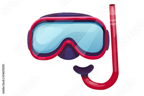 Red Diving mask with snorkel in cartoon style isolated on white background. Graphic illustration