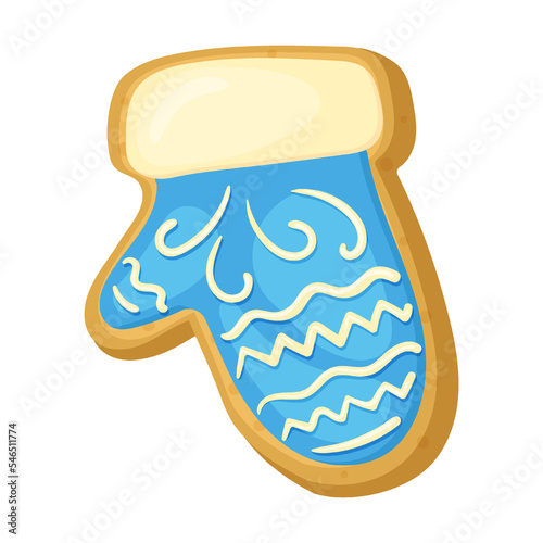 Homemade gingerbread in shape of blue children mitten with glazed pattern, cookie vector illustration. Biscuits of different shape isolated