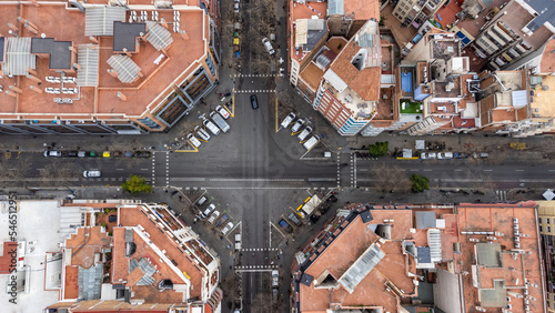 drone view of the crossroads of the eixample district in barcelona