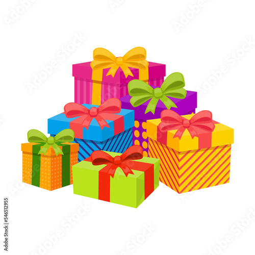 Pile of cute gift boxes vector illustration. Lots of wrapped presents with ribbons for surprise party isolated on white background