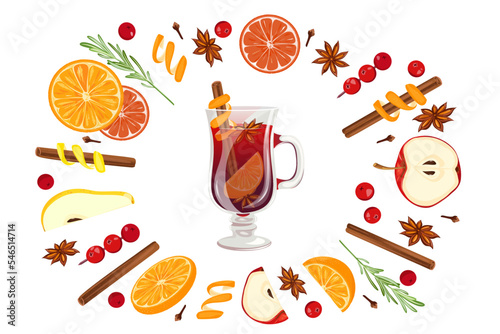 A set of ingredients, spices and fruits for mulled wine.Orange, clove, apple, cinnamon, star anise, cranberry.Elements for Christmas, winter design, menu.Vector illustration. photo