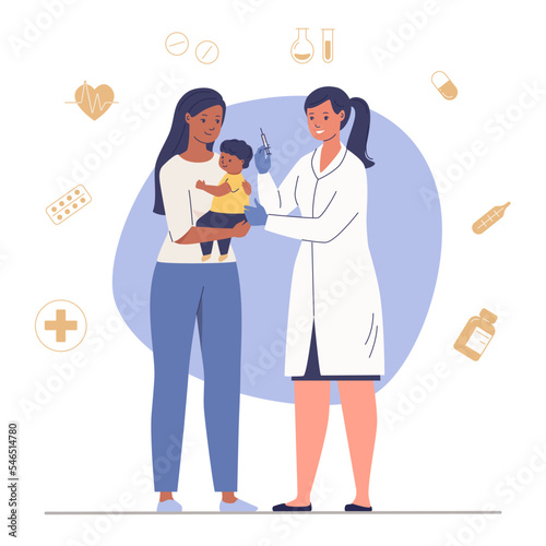 Nurse vaccinates child. Vaccination children against viruses. Vector illustration isolated on white background