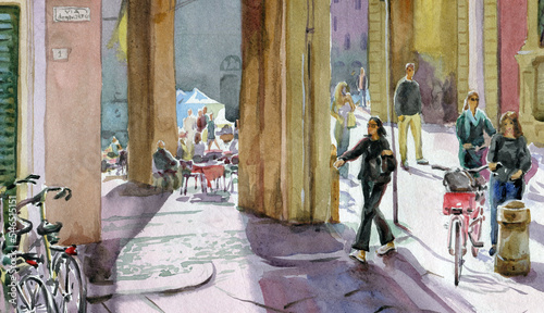 Watercolor painting of the old city streets with walking tourists. Bologna Italy. Wide web banner.