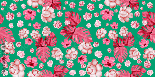 Colourful Seamless Pattern with tropic flowers and leaves. Hi quality fashion design. Fresh and unique botanical background (ID: 546515351)
