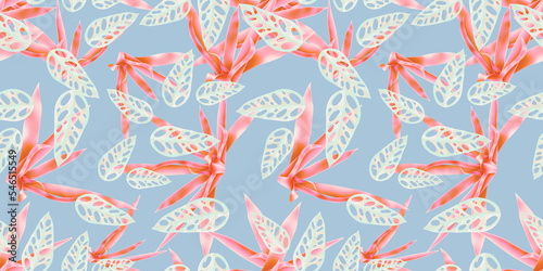 Colourful Seamless Pattern with tropic flowers and leaves. Hi quality fashion design. Fresh and unique botanical background