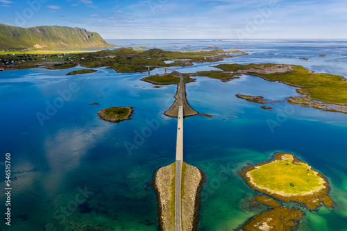 Aerial view of the Fredvang bridges (Kubholmleia bridge and Røssøystraumen bridge) photo