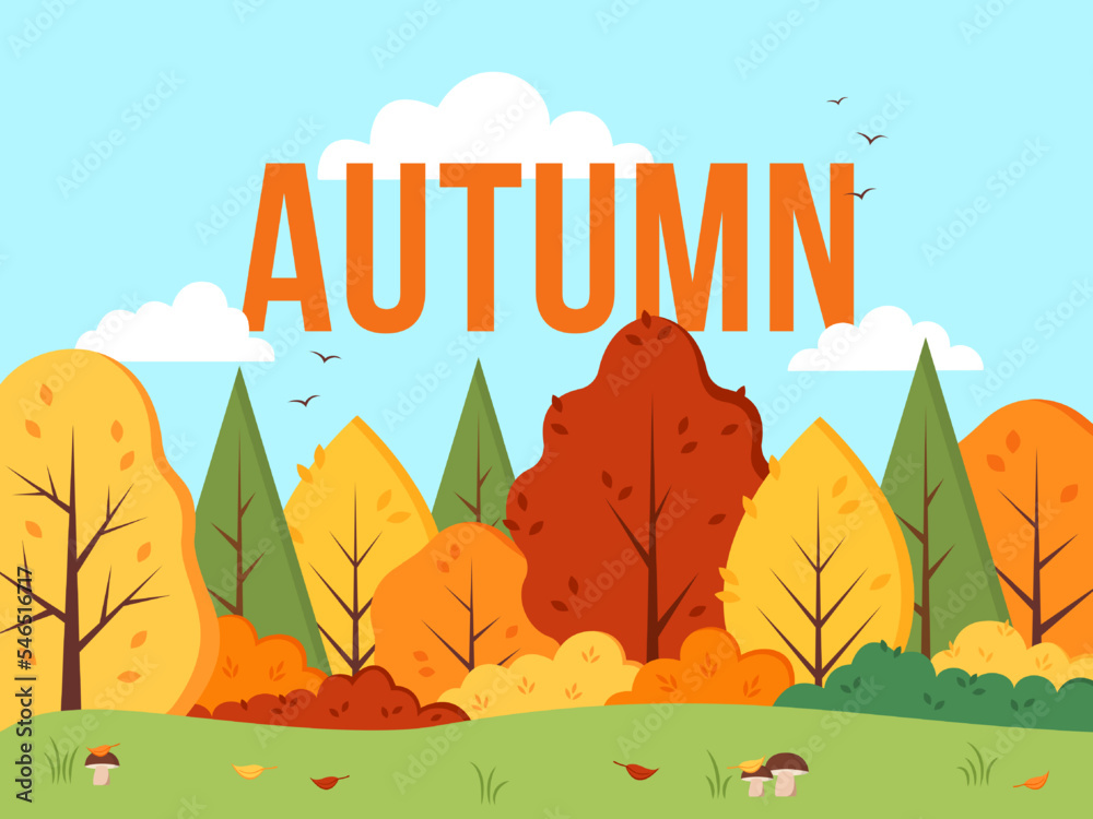 Cute autumn landscape. Vector illustration in a flat style.
