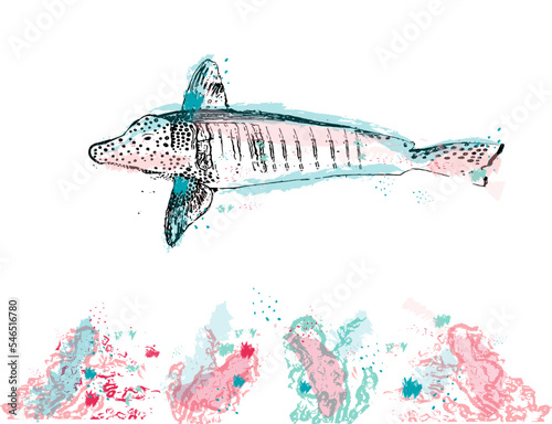 Blue fish and corals watercolor vector isolated red sea underwater species il...