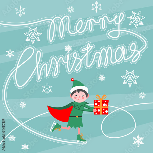 Christmas greeting card with an elf on ice skates
