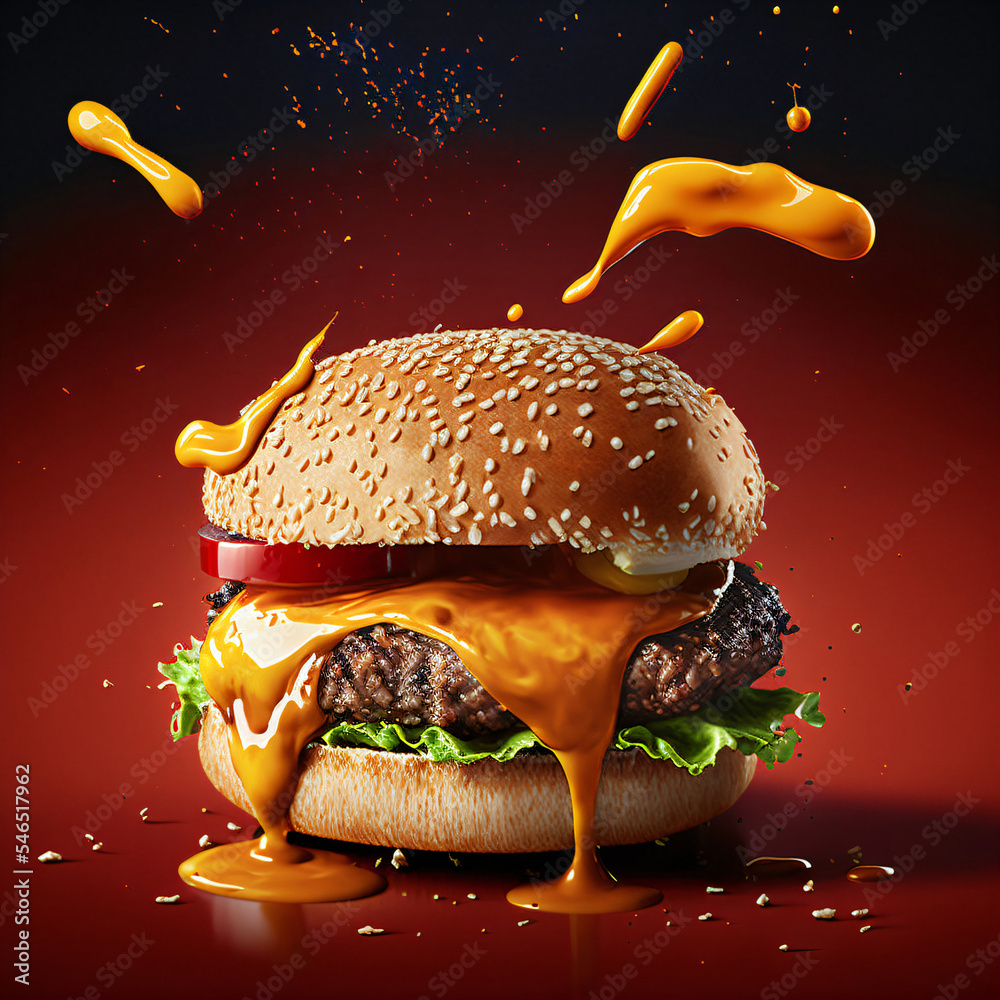 burger with splashing souce, colorful, hamburger, space for text