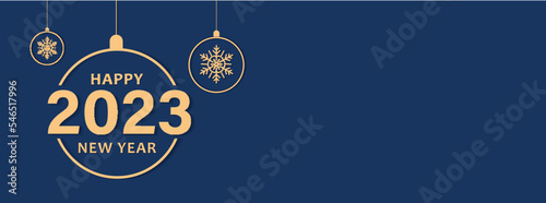 Happy new year 2023. Festive design with Christmas decorations, balls and snowflakes