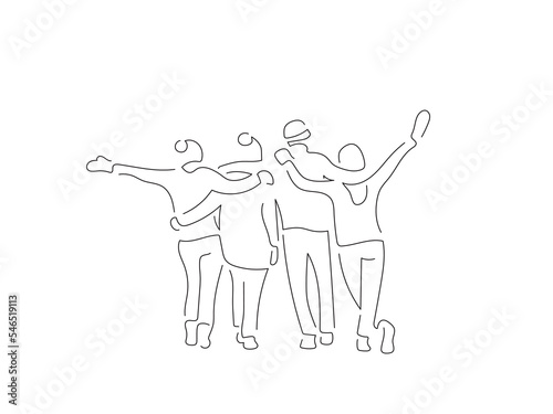 People wearing warm clothes in line art drawing style. Composition of a winter scene. Black linear sketch isolated on white background. Vector illustration design.