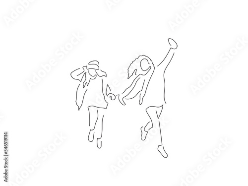 People wearing warm clothes in line art drawing style. Composition of a winter scene. Black linear sketch isolated on white background. Vector illustration design.