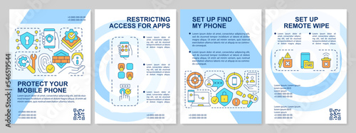 Protect mobile phone blue brochure template. Cybersecurity. Leaflet design with linear icons. Editable 4 vector layouts for presentation, annual reports. Arial-Black, Myriad Pro-Regular fonts used