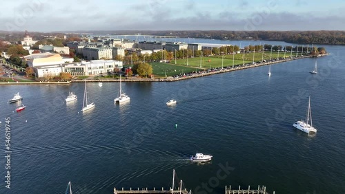 Boats on Severn River with US Naval Academy in distance. Aerial view of water and harbor. photo