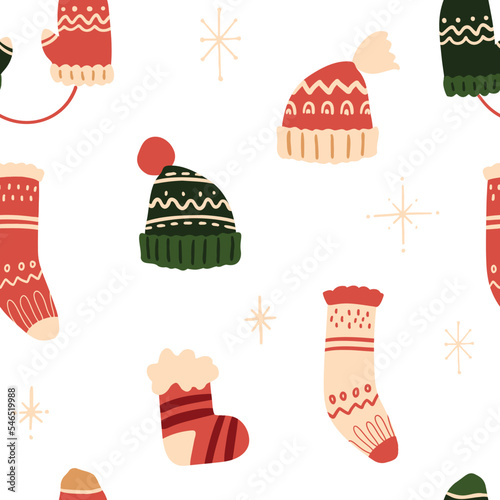 Vector winter Christmas socks, hats and gloves seamless pattern. Hand painted accessories with winter ornament. Cozy cute flat premade wallpaper, wrapping paper, background texture