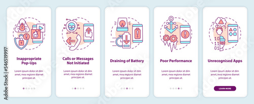 Phone hacking attack onboarding mobile app screen. Digital hazard walkthrough 5 steps editable graphic instructions with linear concepts. UI, UX, GUI template. Myriad Pro-Bold, Regular fonts used