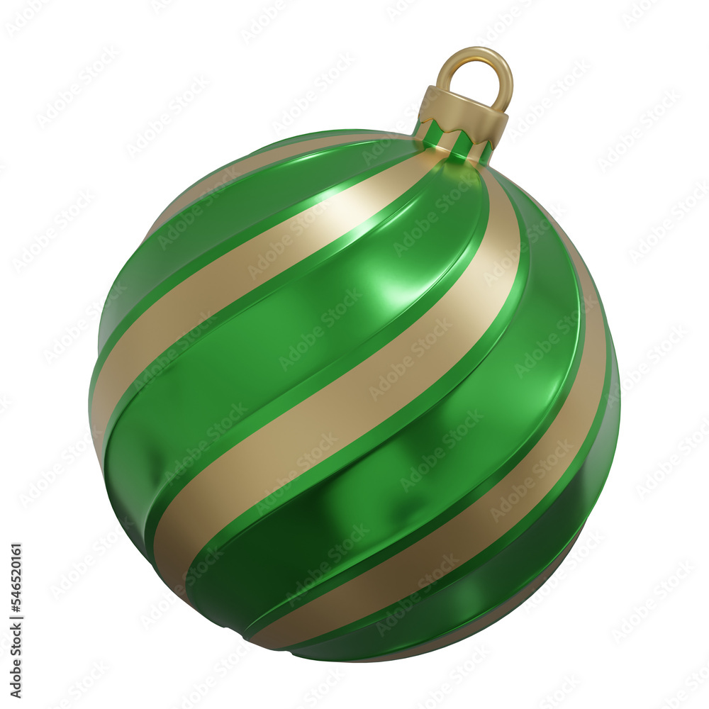 3D Rendering Striped Green and Gold Christmas Ornament Ball for Decoration. 3D Rendering Striped Green and Gold Christmas Ornament Ball for Decoration.