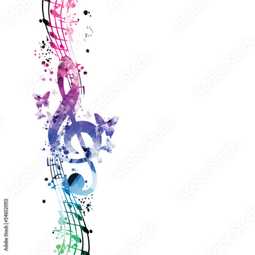 Music poster design with musical notes, staff and G-clef in purple color. Vector illustration. Creative background for live concert events, music festivals and shows. Party flyer. Choir and composing