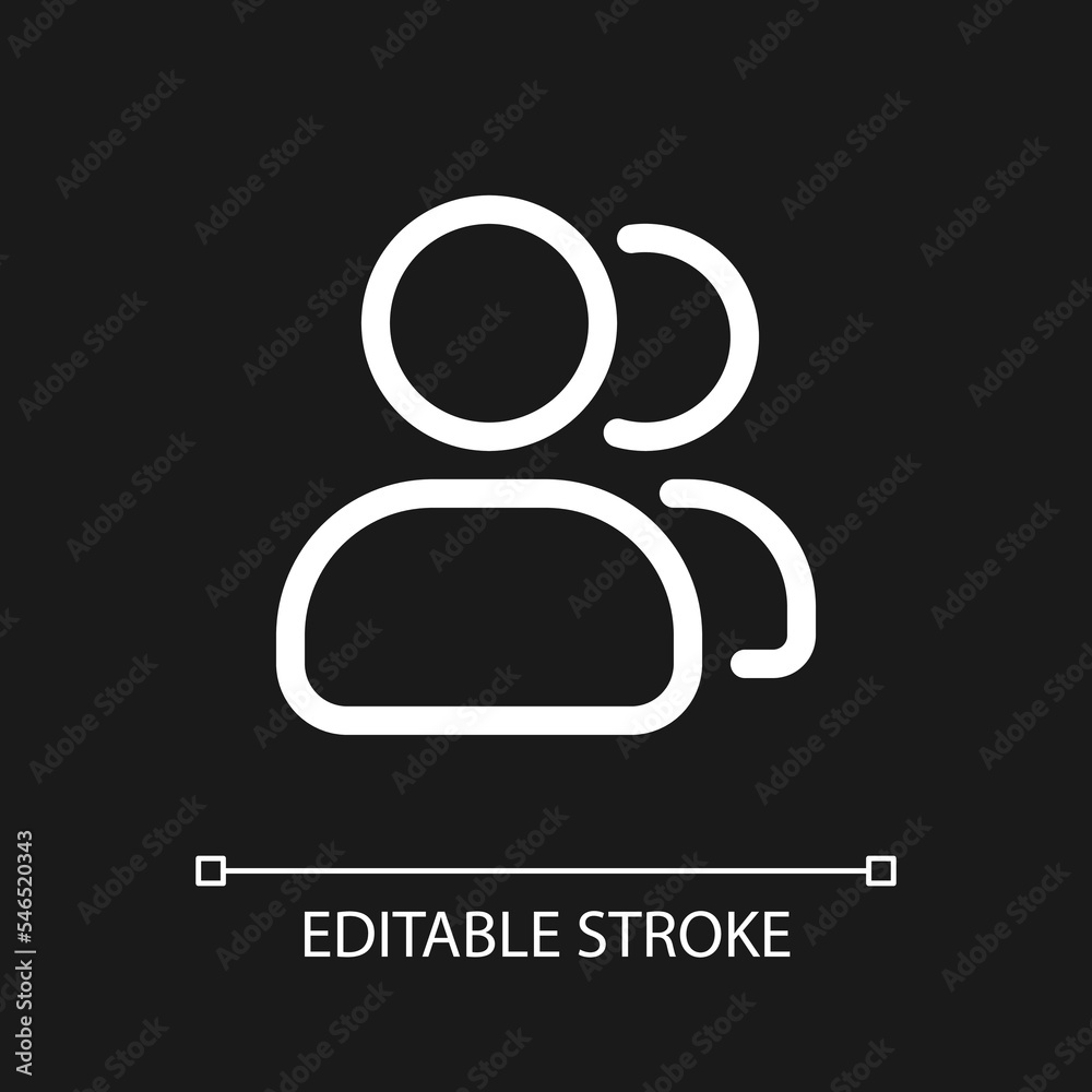 Obraz premium Accounts changing pixel perfect white linear ui icon for dark theme. Customer options. Vector line pictogram. Isolated user interface symbol for night mode. Editable stroke. Arial font used