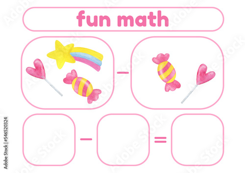 Activity page, sheet for kids. Arithmetic task with sweets and a rainbow. A game for teaching a child to count. An exercise for learning numbers. A lesson with mathematical examples for a preschooler.