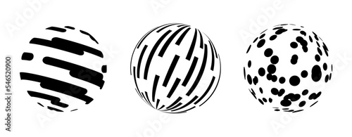 Set of vector striped spheres. Balls with black and white lines and patterns. Optical illusion.