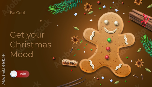 Christmas mood with gingerbread man and spices cinnamon, anise, vanilla and xmas decoration