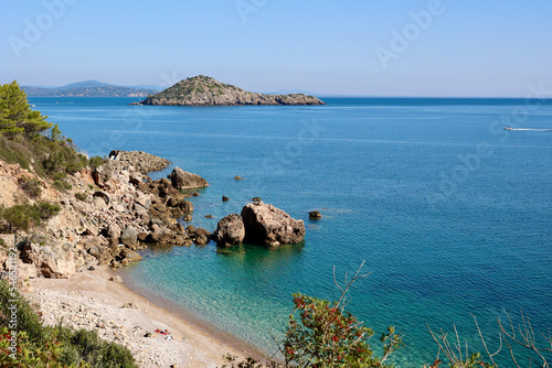 The L'Acqua Dolce, beach at Porto Ercole, there are no beach establishments, just a nice stretch of seaside that is open to the public. Tuscany, Italy