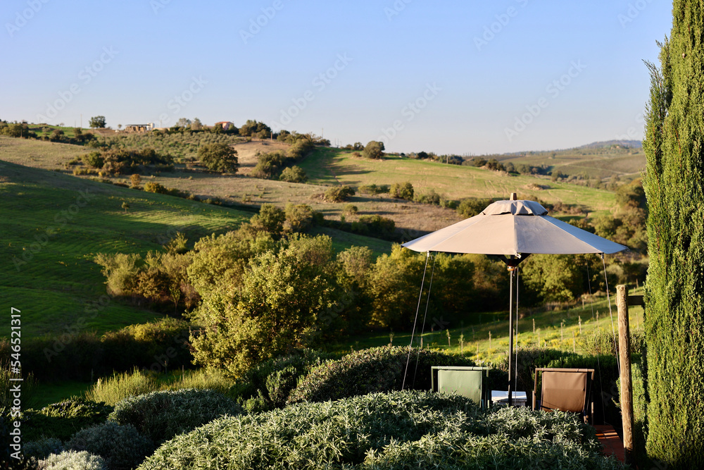 A relaxing view in Tuscany, Italy. The garden of a country house in the famous Tuscan hills, Italy.
