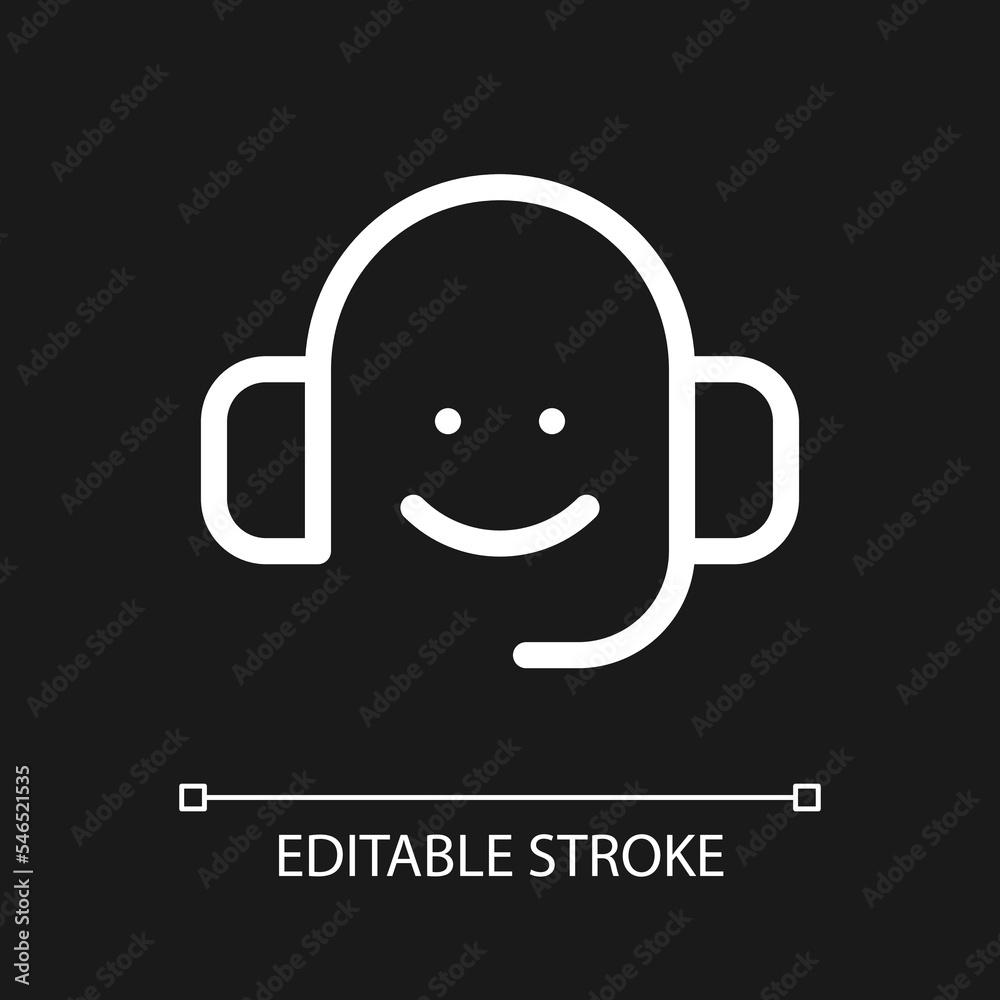 Call center pixel perfect white linear ui icon for dark theme. Selling products via phone. Vector line pictogram. Isolated user interface symbol for night mode. Editable stroke. Arial font used Call center pixel perfect white linear ui icon for dark theme. Selling products via phone. Vector line pictogram. Isolated user interface symbol for night mode. Editable stroke. Arial font used