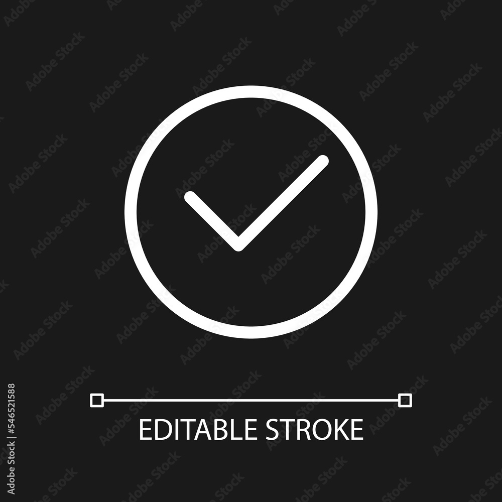 Tick in circle pixel perfect white linear ui icon for dark theme. Approval checkmark symbol. Vector line pictogram. Isolated user interface symbol for night mode. Editable stroke. Arial font used Tick in circle pixel perfect white linear ui icon for dark theme. Approval checkmark symbol. Vector line pictogram. Isolated user interface symbol for night mode. Editable stroke. Arial font used