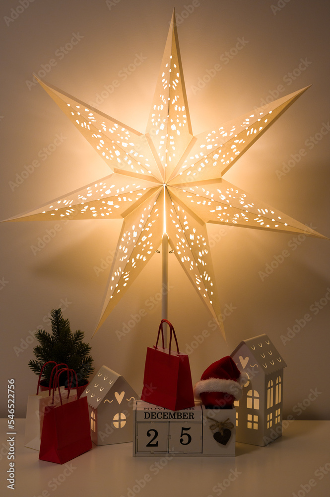 Cozy night evening concept before christmas. Vertical banner with shining decorations