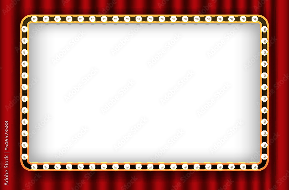 Retro theater sign mockup. Light bulb frame on red curtain background