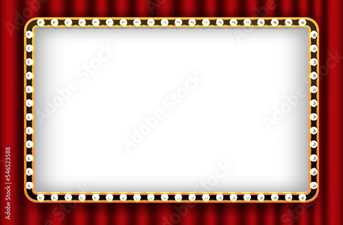 Retro theater sign mockup. Light bulb frame on red curtain background