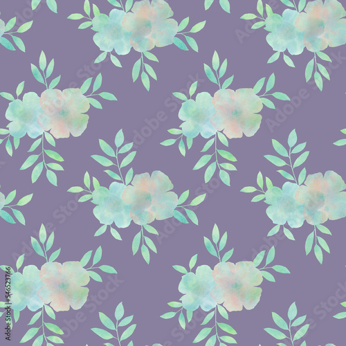 Bouquets of flowers collected in a seamless pattern isolated on a purple background.