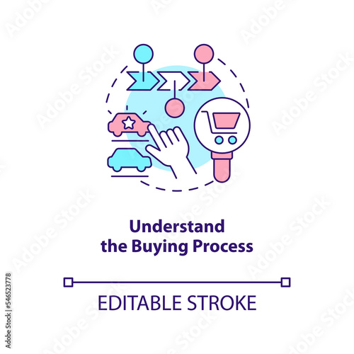 Understand buying process concept icon. Attracting new clients strategy abstract idea thin line illustration. Isolated outline drawing. Editable stroke. Arial, Myriad Pro-Bold fonts used