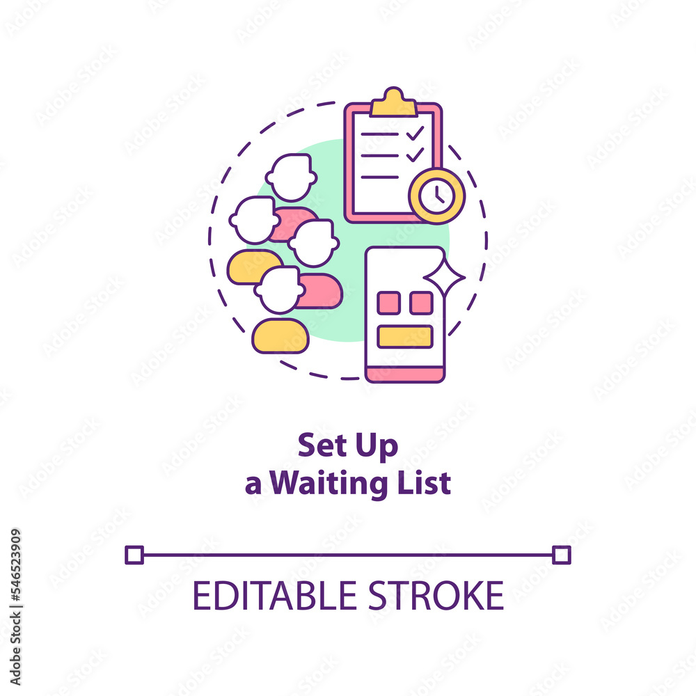 Set up waiting list concept icon. Startup launch. Landing first customers trick abstract idea thin line illustration. Isolated outline drawing. Editable stroke. Arial, Myriad Pro-Bold fonts used Set up waiting list concept icon. Startup launch. Landing first customers trick abstract idea thin line illustration. Isolated outline drawing. Editable stroke. Arial, Myriad Pro-Bold fonts used