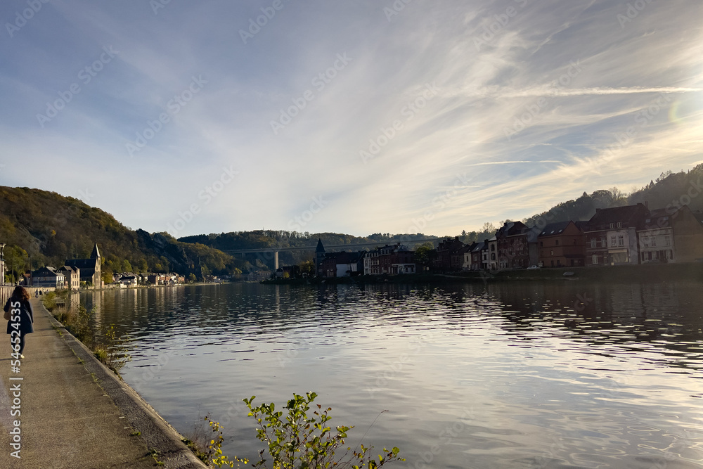 View of the historic town of Dinant with scenic River Meuse in Belgium