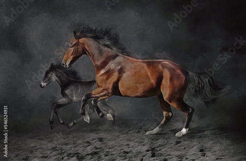 painting . Artistic drawing of a  horse and Colt . artist canvas art animal painting collection for decoration and interior. 